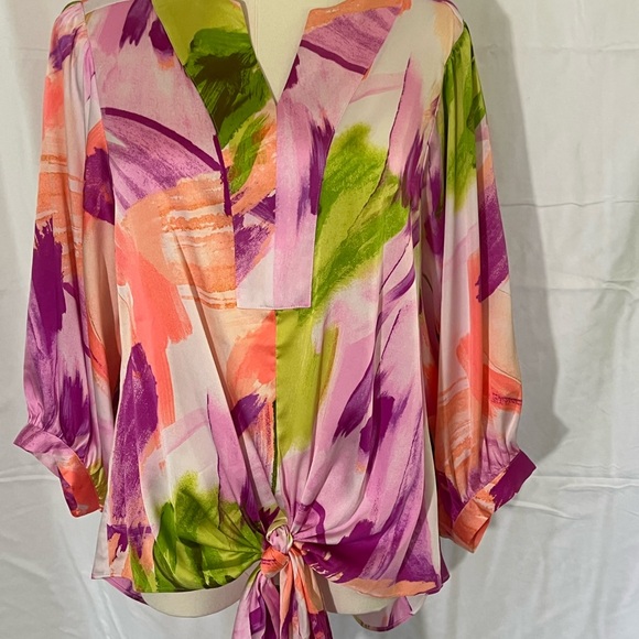 Chico's Pink and Yellow Tie-Front Blouse with Mandarin Collar NWT - Picture 4 of 5